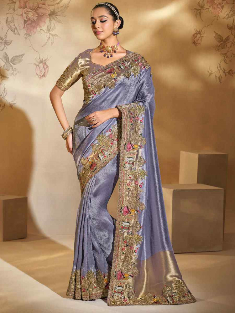 Image of Blue Pure Ziraf Silk Embroidery Traditional Bridal Reception Festival Wedding Fancy Heavy Border Saree
