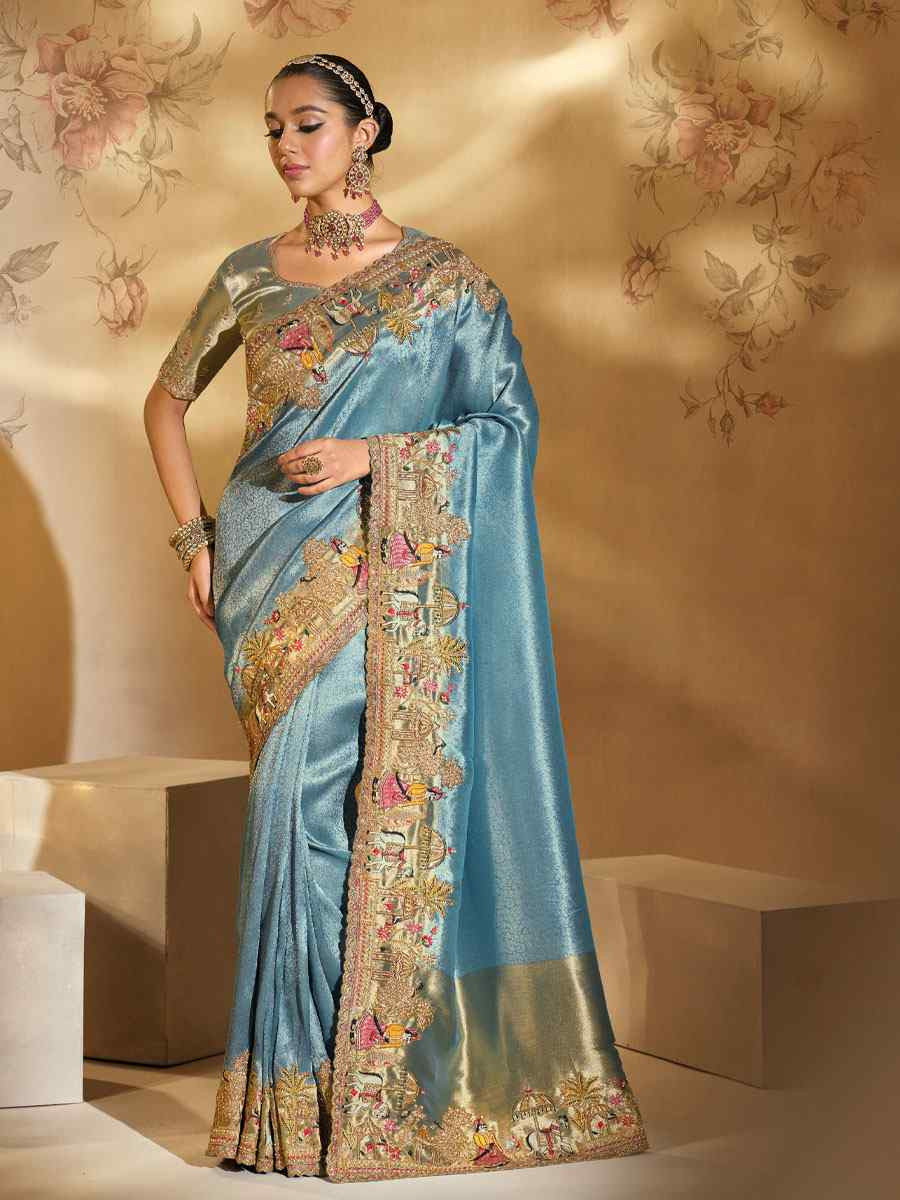 Blue Pure Ziraf Silk Embroidery Traditional Bridal Reception Festival Wedding Fancy Heavy Border Saree