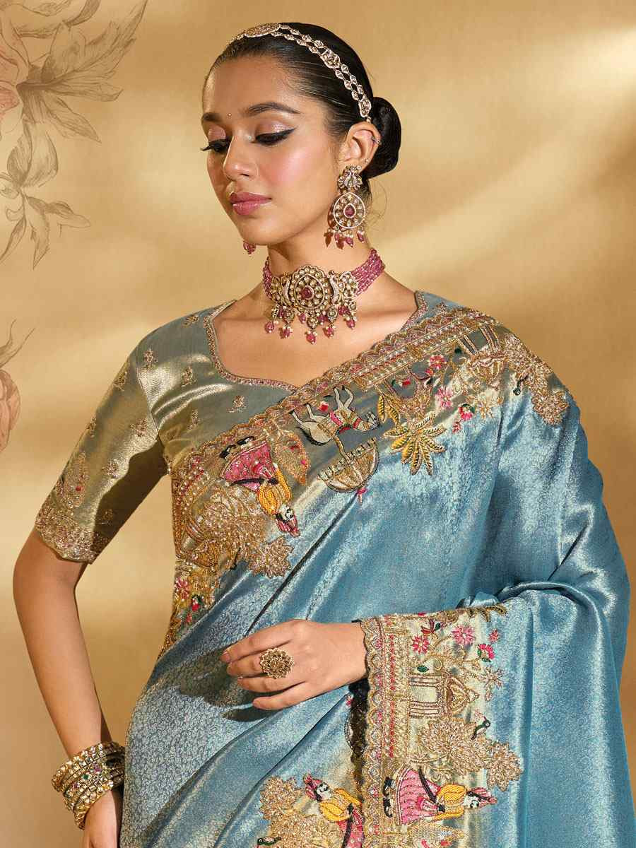 Blue Pure Ziraf Silk Embroidery Traditional Bridal Reception Festival Wedding Fancy Heavy Border Saree