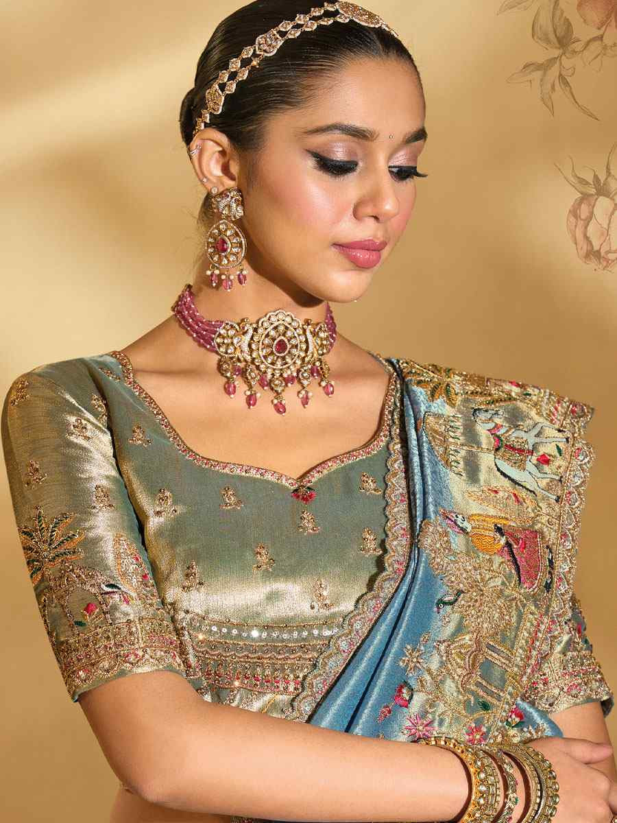 Blue Pure Ziraf Silk Embroidery Traditional Bridal Reception Festival Wedding Fancy Heavy Border Saree