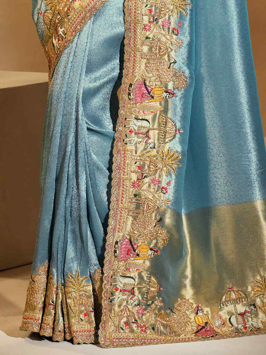 Blue Pure Ziraf Silk Embroidery Traditional Bridal Reception Festival Wedding Fancy Heavy Border Saree