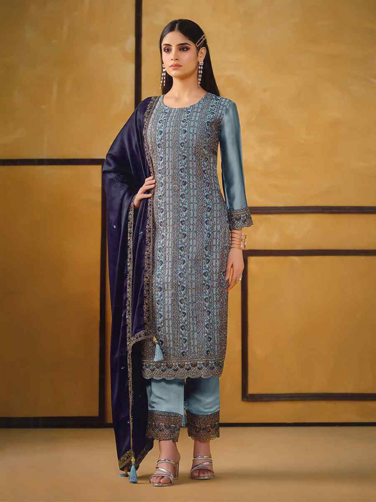 Blue Rangoli Silk Embroidered Festival Wedding Pant Salwar Kameez