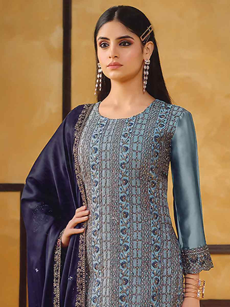Blue Rangoli Silk Embroidered Festival Wedding Pant Salwar Kameez