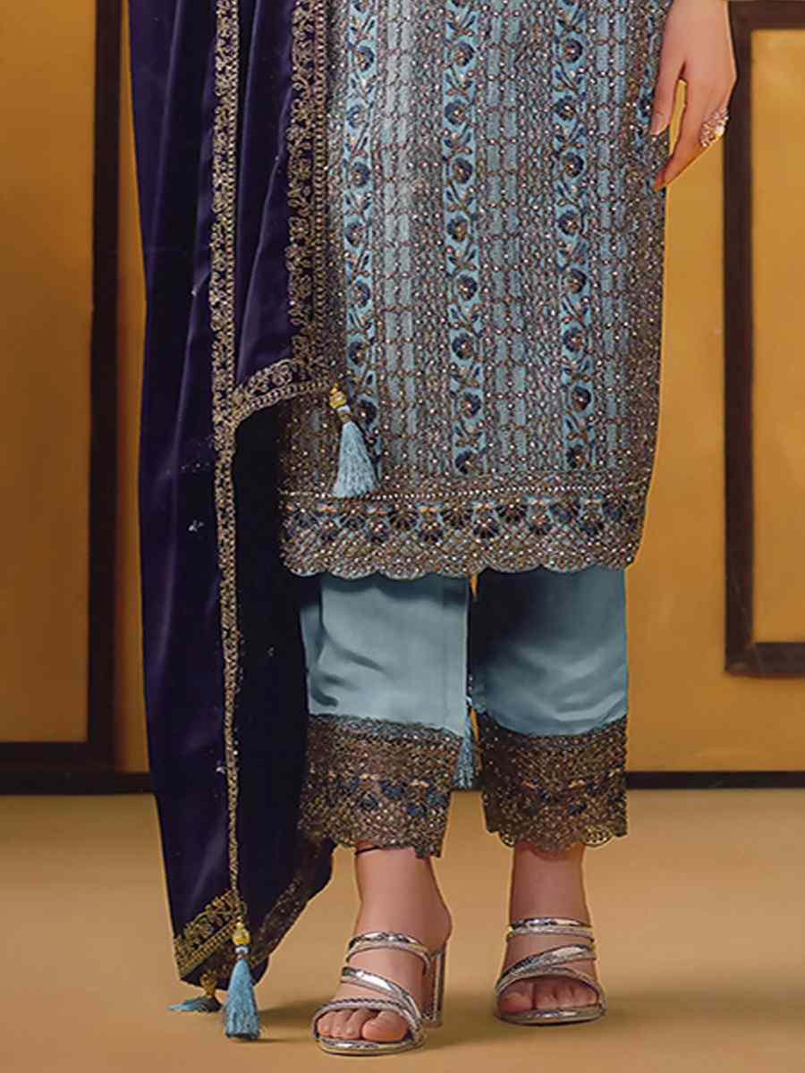 Blue Rangoli Silk Embroidered Festival Wedding Pant Salwar Kameez