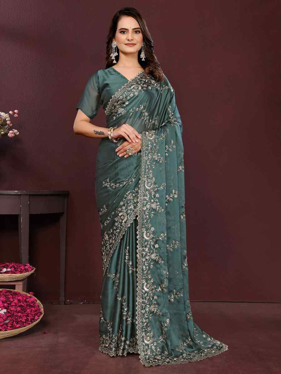 Blue Rangoli Silk Embroidery Party Bridal Reception Festival Wedding Fancy Heavy Border Saree