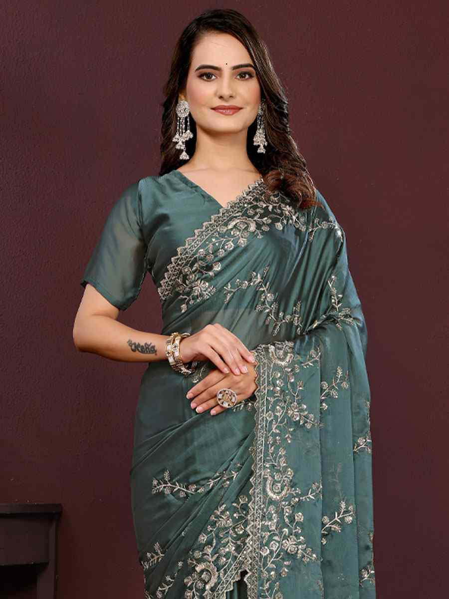 Blue Rangoli Silk Embroidery Party Bridal Reception Festival Wedding Fancy Heavy Border Saree