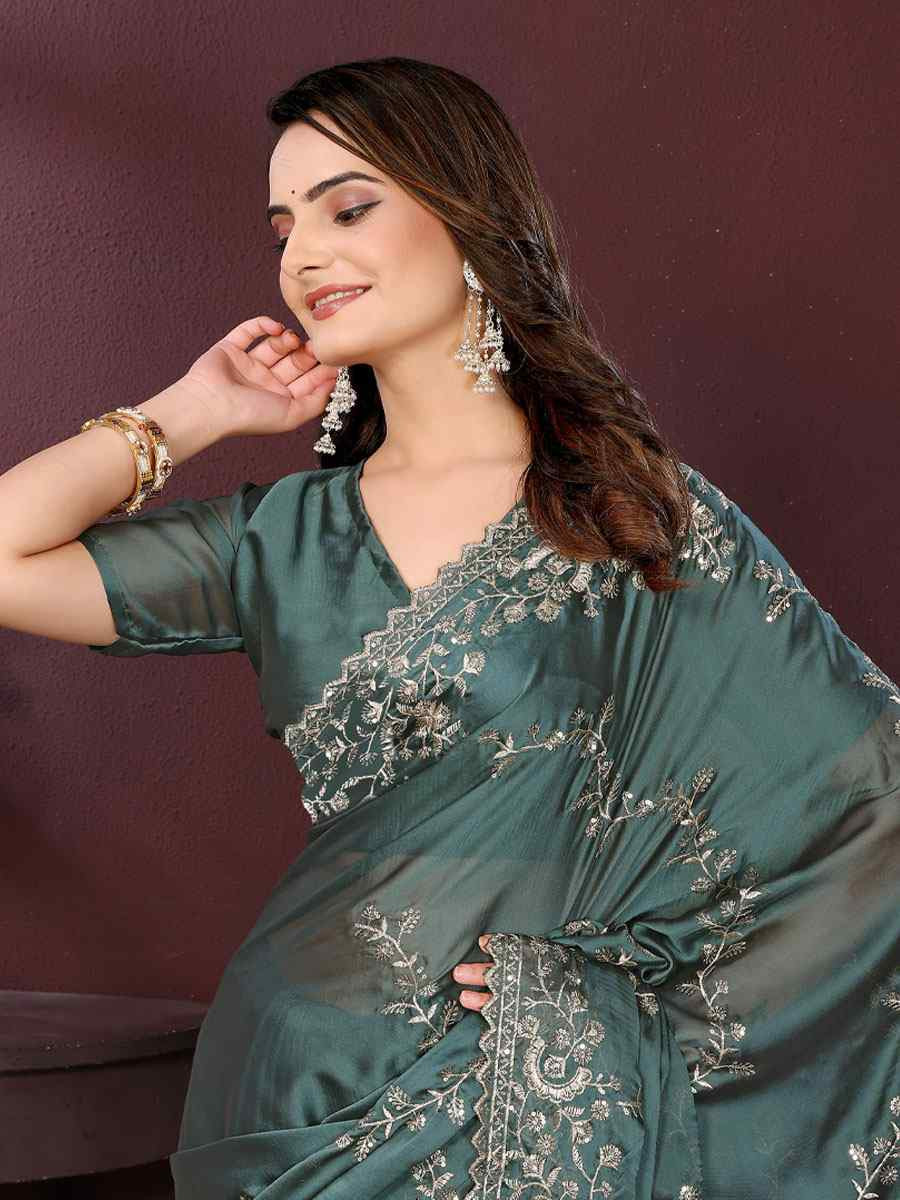 Blue Rangoli Silk Embroidery Party Bridal Reception Festival Wedding Fancy Heavy Border Saree