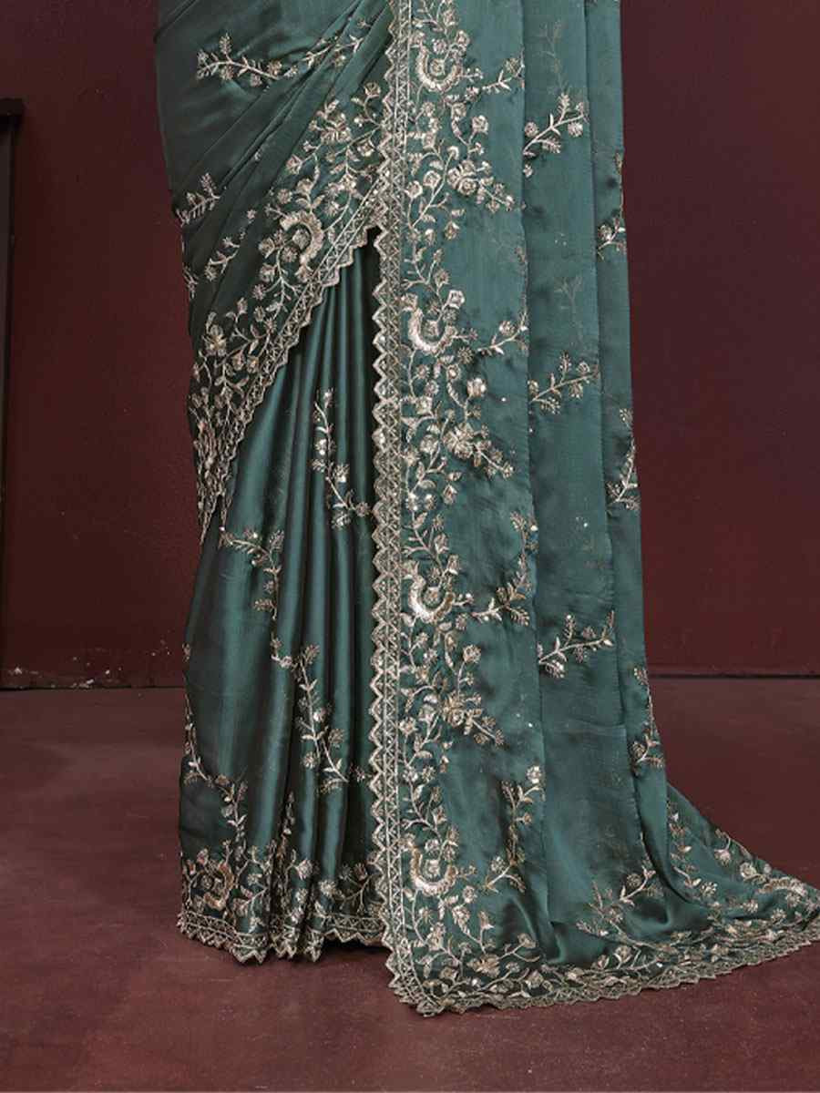 Blue Rangoli Silk Embroidery Party Bridal Reception Festival Wedding Fancy Heavy Border Saree