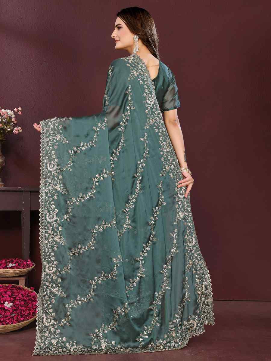 Blue Rangoli Silk Embroidery Party Bridal Reception Festival Wedding Fancy Heavy Border Saree