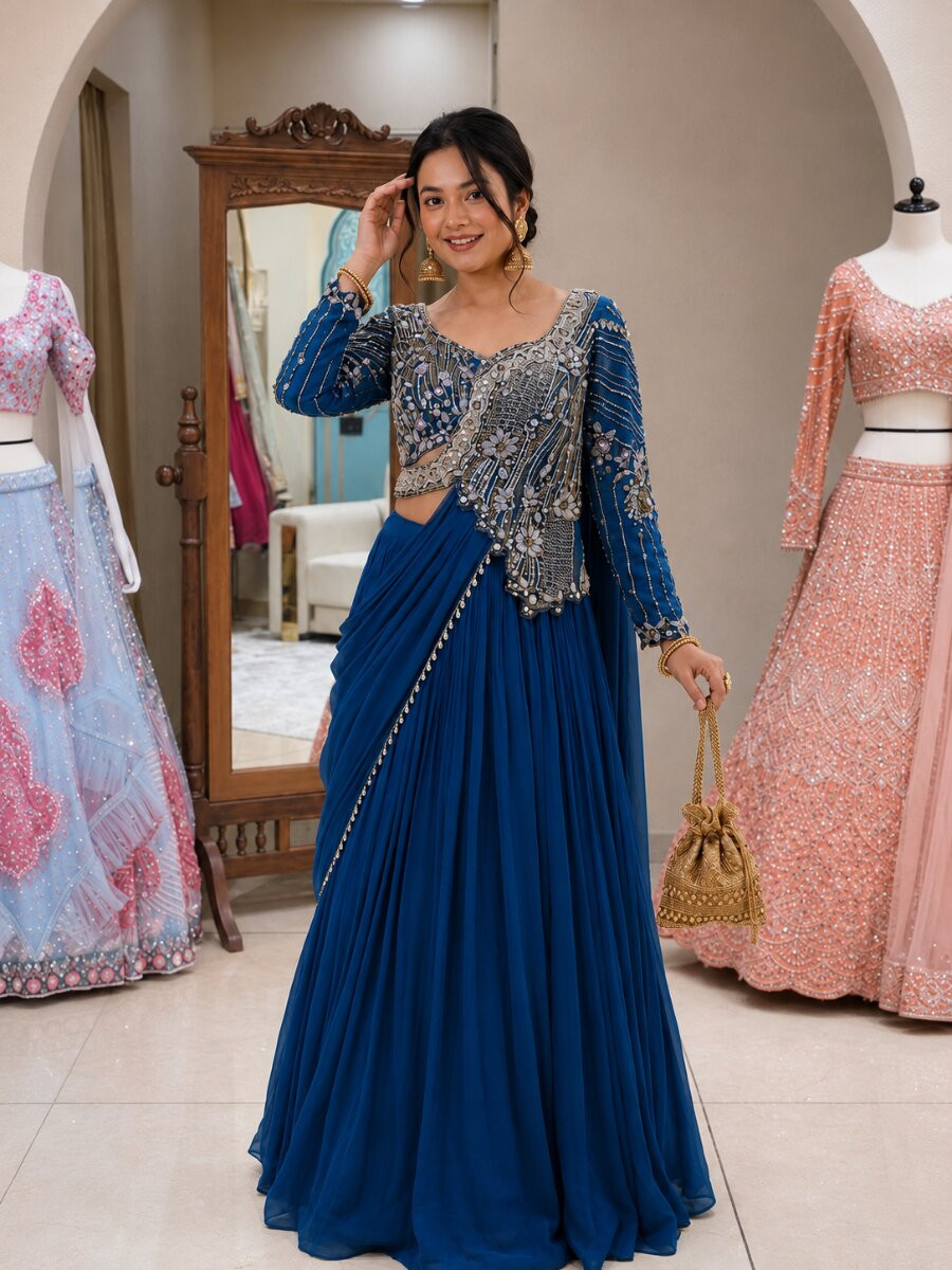 Blue Rangoli Silk Embroidery Zari Sequins Wedding Reception Party Festival Circular Lehenga Choli
