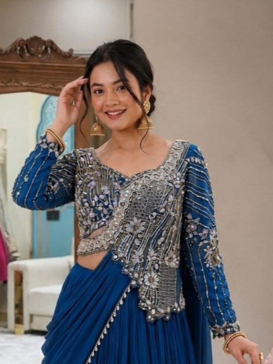 Blue Rangoli Silk Embroidery Zari Sequins Wedding Reception Party Festival Circular Lehenga Choli