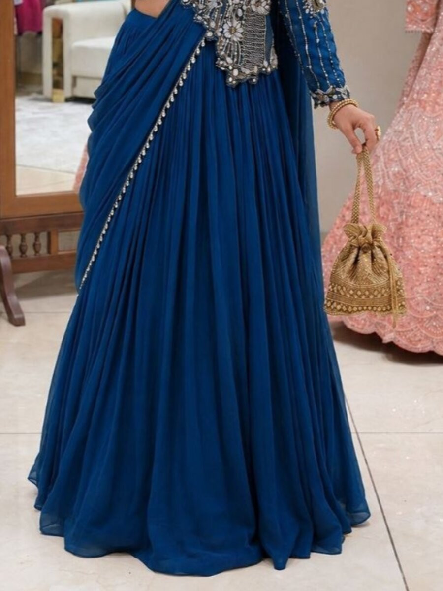 Blue Rangoli Silk Embroidery Zari Sequins Wedding Reception Party Festival Circular Lehenga Choli