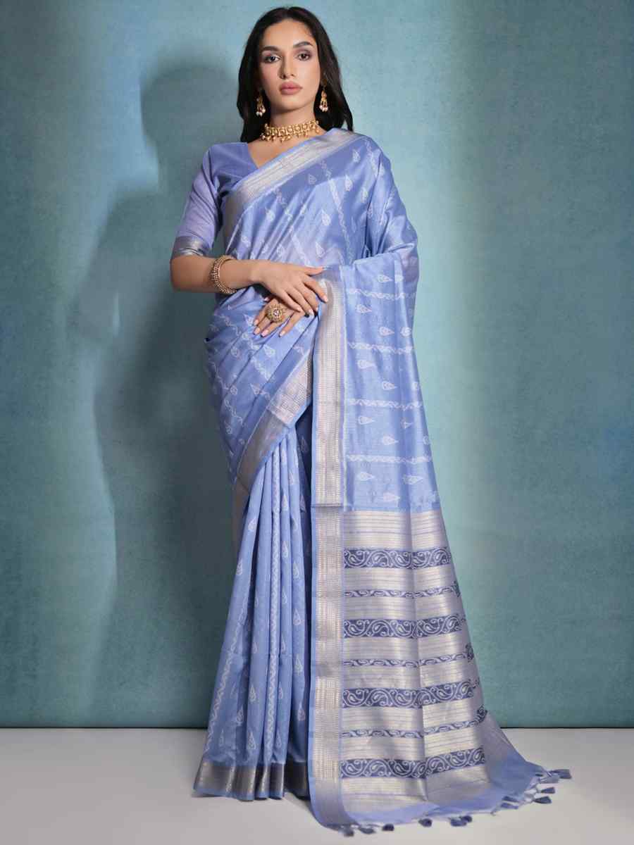 Blue Raw Silk Handwoven Casual Festival Classic Style Saree