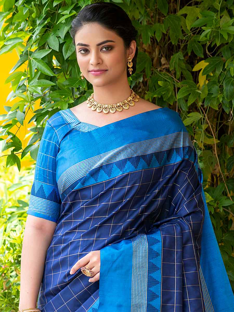 Blue Raw Silk Handwoven Party Festival Heavy Border Saree