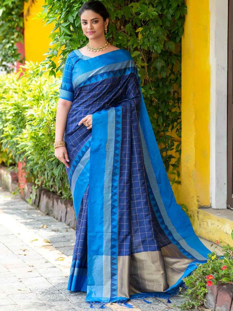 Blue Raw Silk Handwoven Party Festival Heavy Border Saree