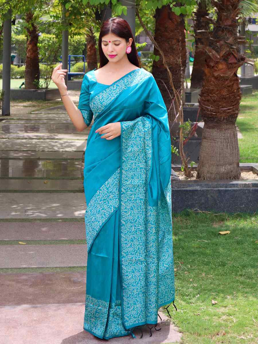 Blue Raw Silk Printed Festival Wedding Fancy Heavy Border Saree
