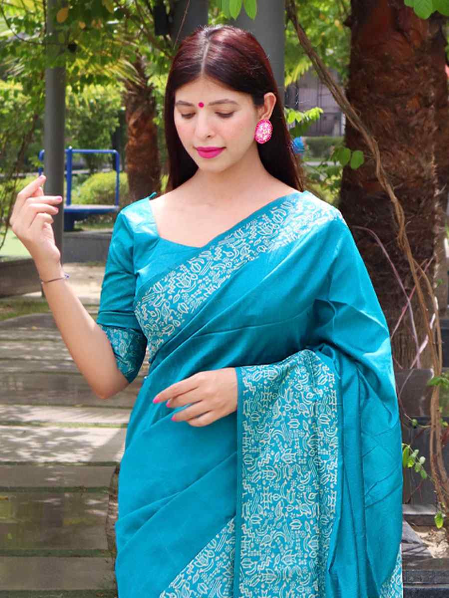 Blue Raw Silk Printed Festival Wedding Fancy Heavy Border Saree