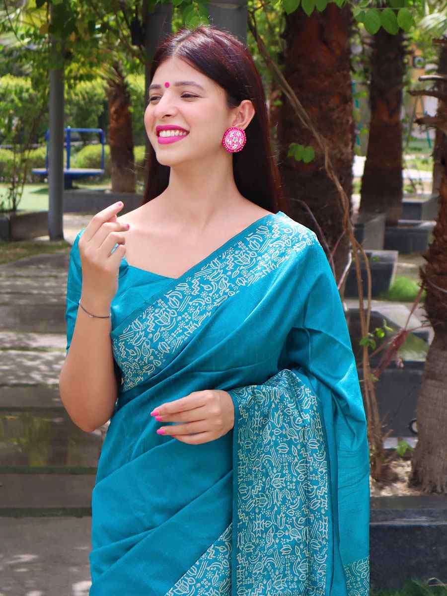 Blue Raw Silk Printed Festival Wedding Fancy Heavy Border Saree
