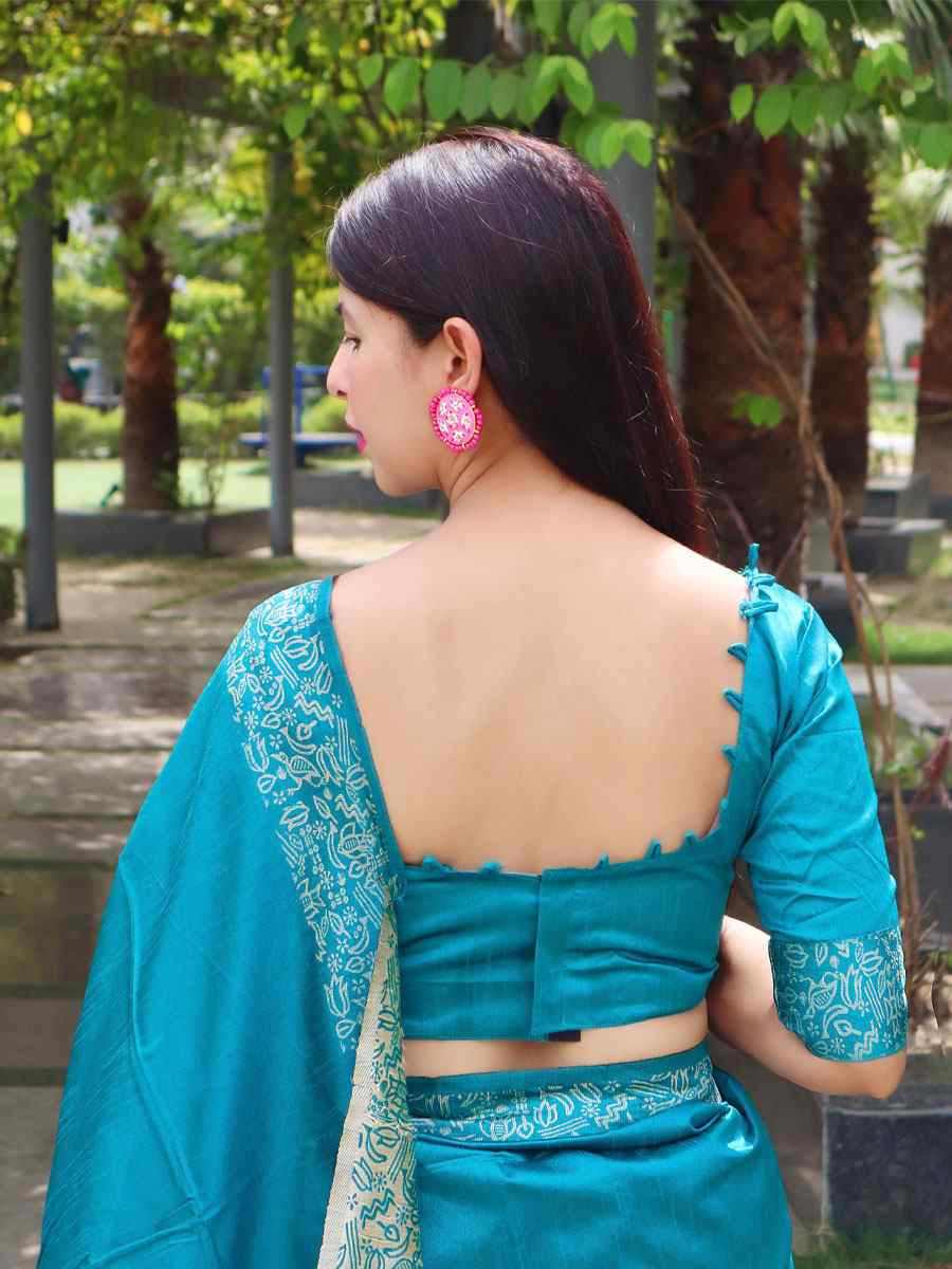 Blue Raw Silk Printed Festival Wedding Fancy Heavy Border Saree