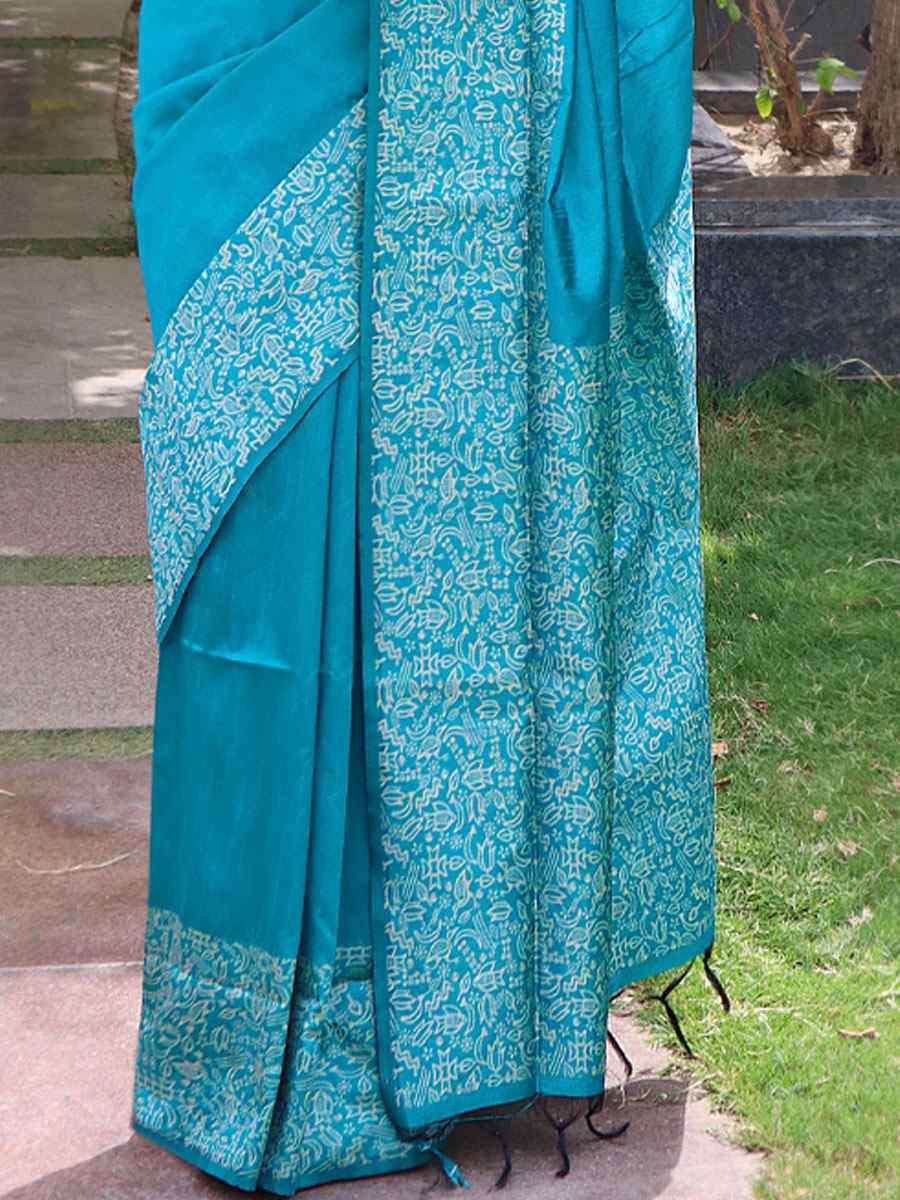 Blue Raw Silk Printed Festival Wedding Fancy Heavy Border Saree