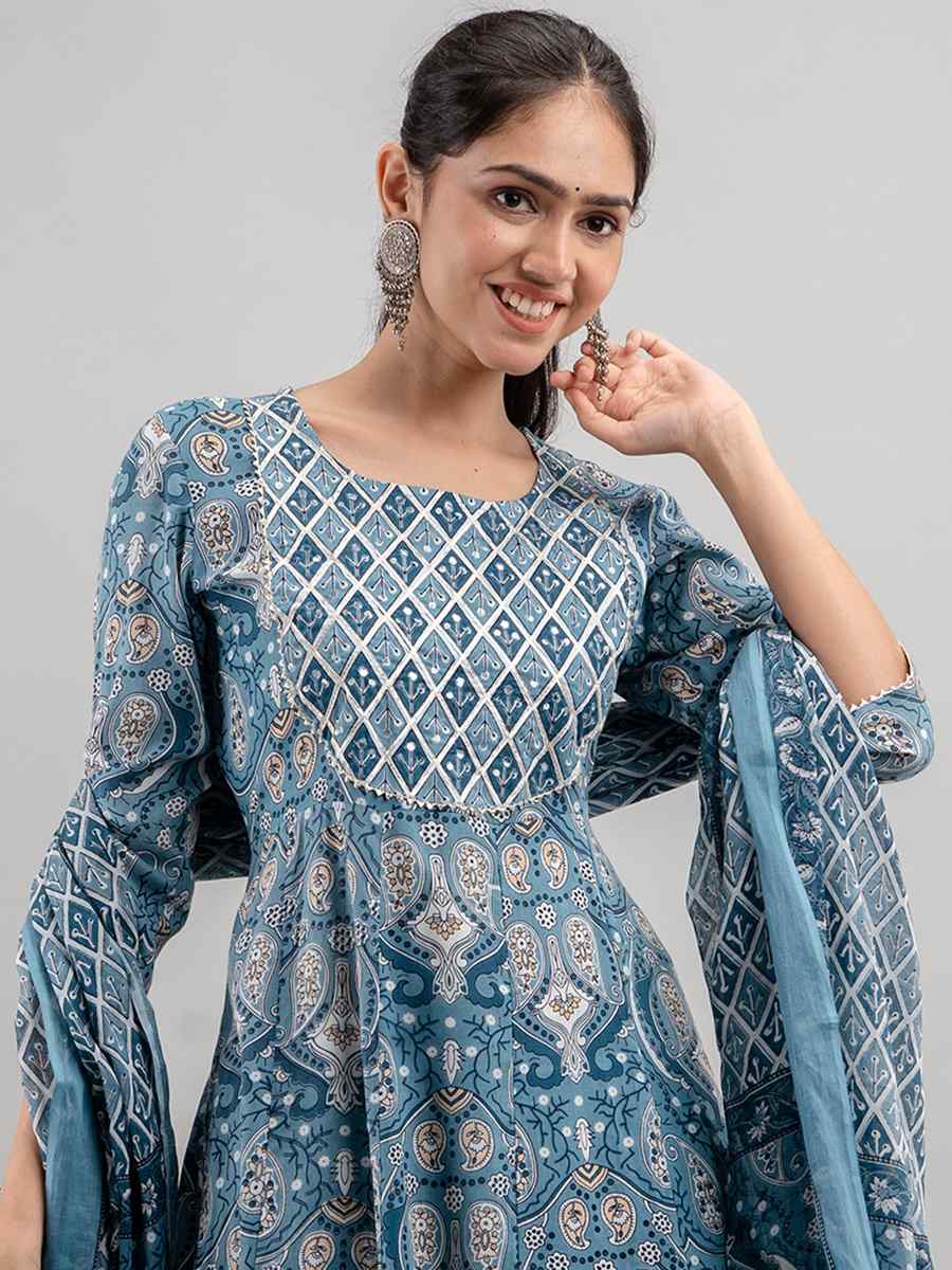 Blue Rayon Cotton Printed Festival Casual Ready Pant Salwar Kameez
