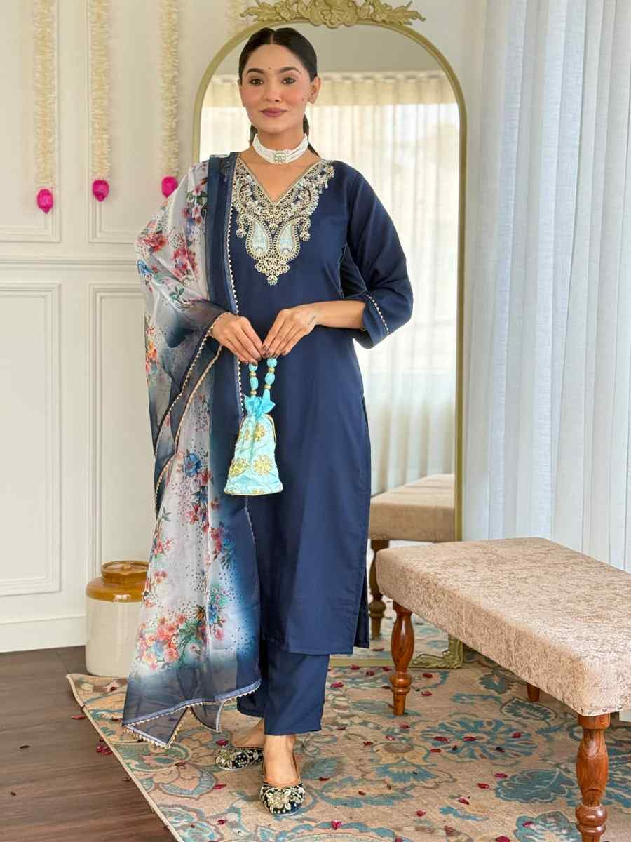 Blue Rayon Embroidered Festival Mehendi Ready Pant Salwar Kameez