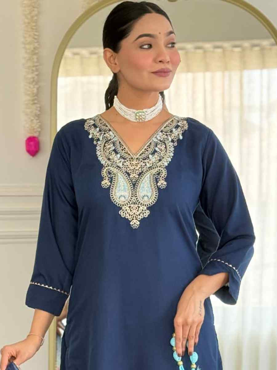 Blue Rayon Embroidered Festival Mehendi Ready Pant Salwar Kameez