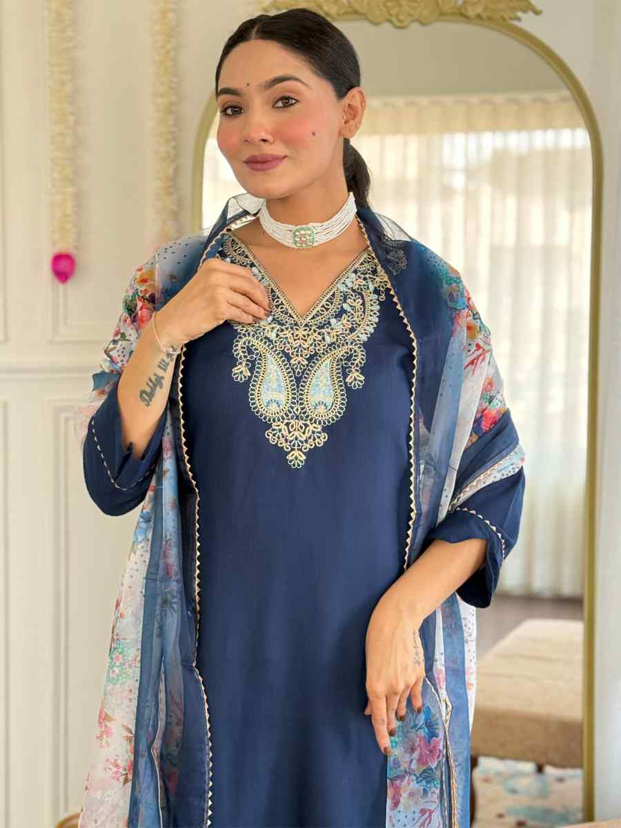 Blue Rayon Embroidered Festival Mehendi Ready Pant Salwar Kameez
