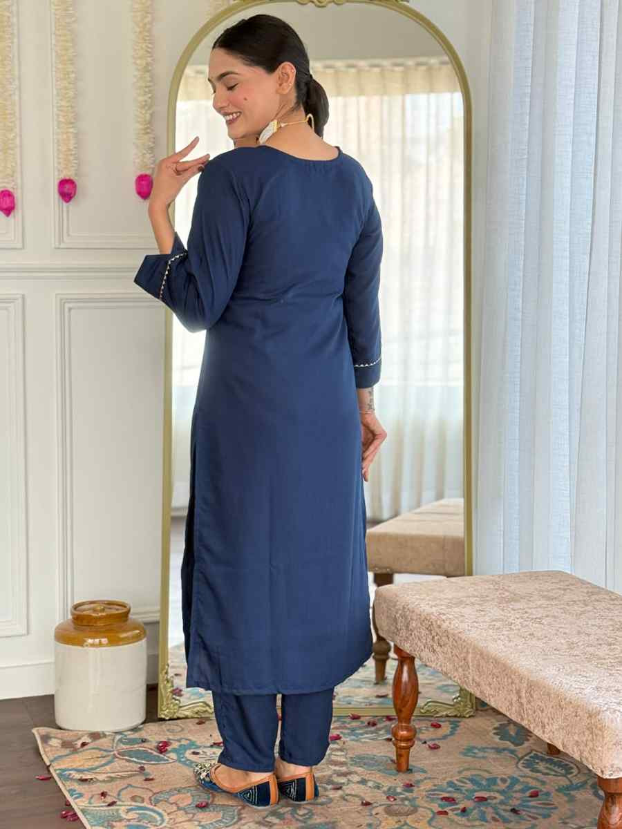 Blue Rayon Embroidered Festival Mehendi Ready Pant Salwar Kameez