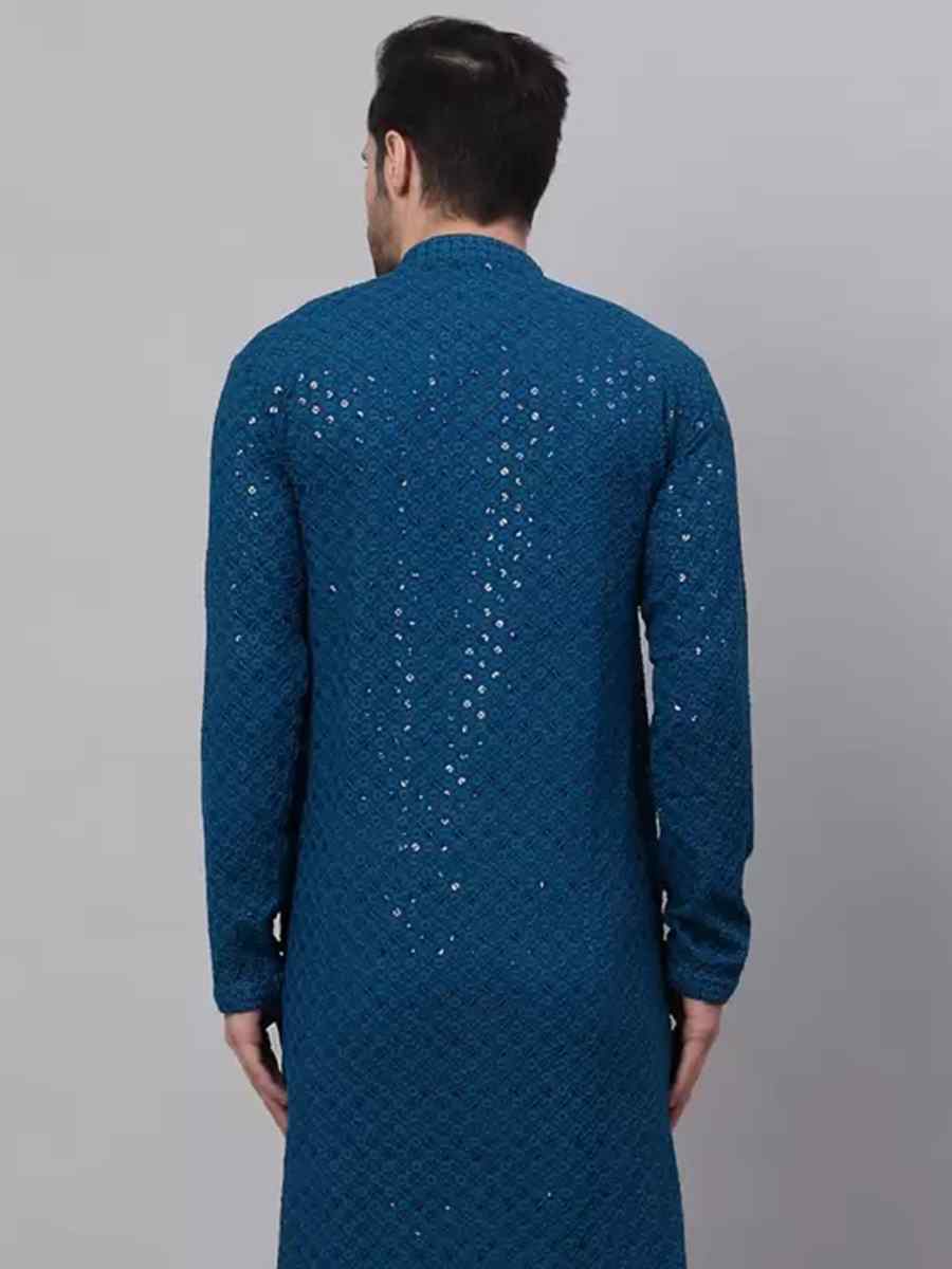 Blue Rayon Embroidered Festival Party Kurta