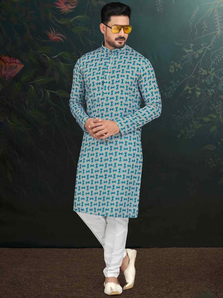 Blue Rayon Embroidered Festival Wedding Kurta