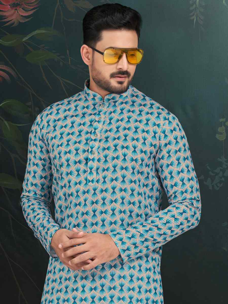 Blue Rayon Embroidered Festival Wedding Kurta