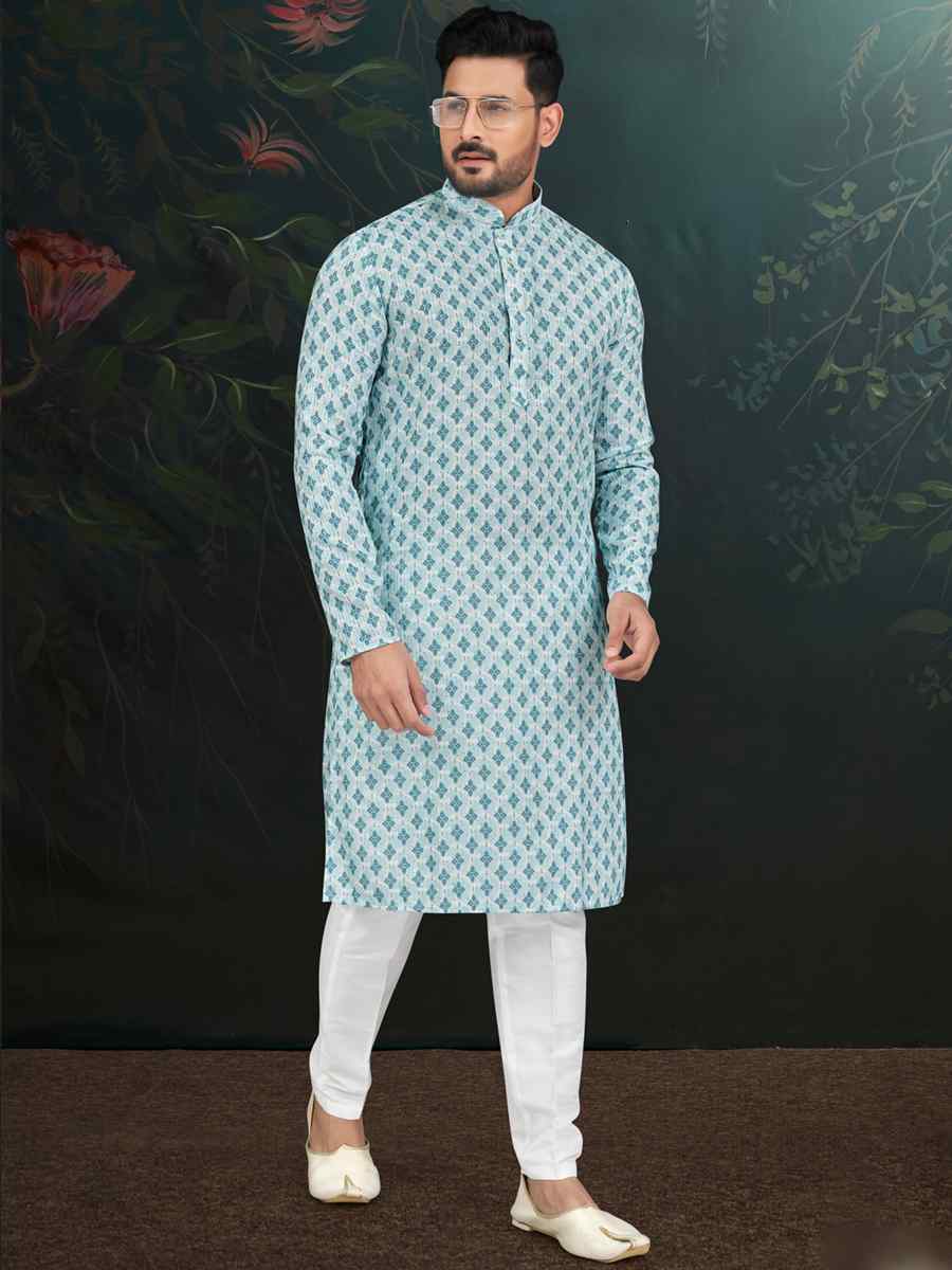 Blue Rayon Embroidered Festival Wedding Kurta