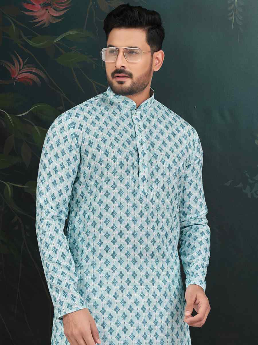 Blue Rayon Embroidered Festival Wedding Kurta