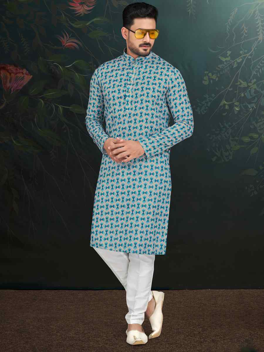 Blue Rayon Embroidered Festival Wedding Kurta