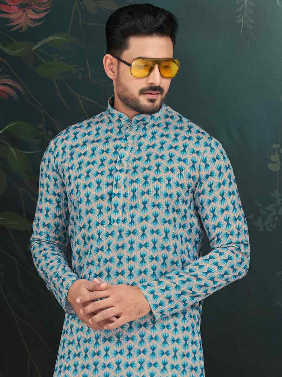 Blue Rayon Embroidered Festival Wedding Kurta
