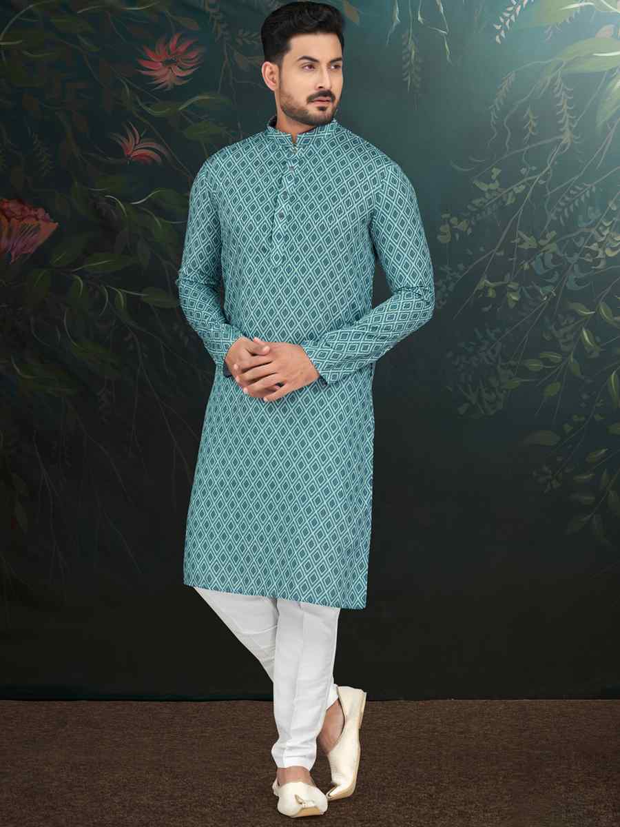 Blue Rayon Embroidered Festival Wedding Kurta