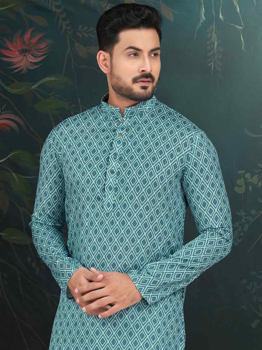 Blue Rayon Embroidered Festival Wedding Kurta