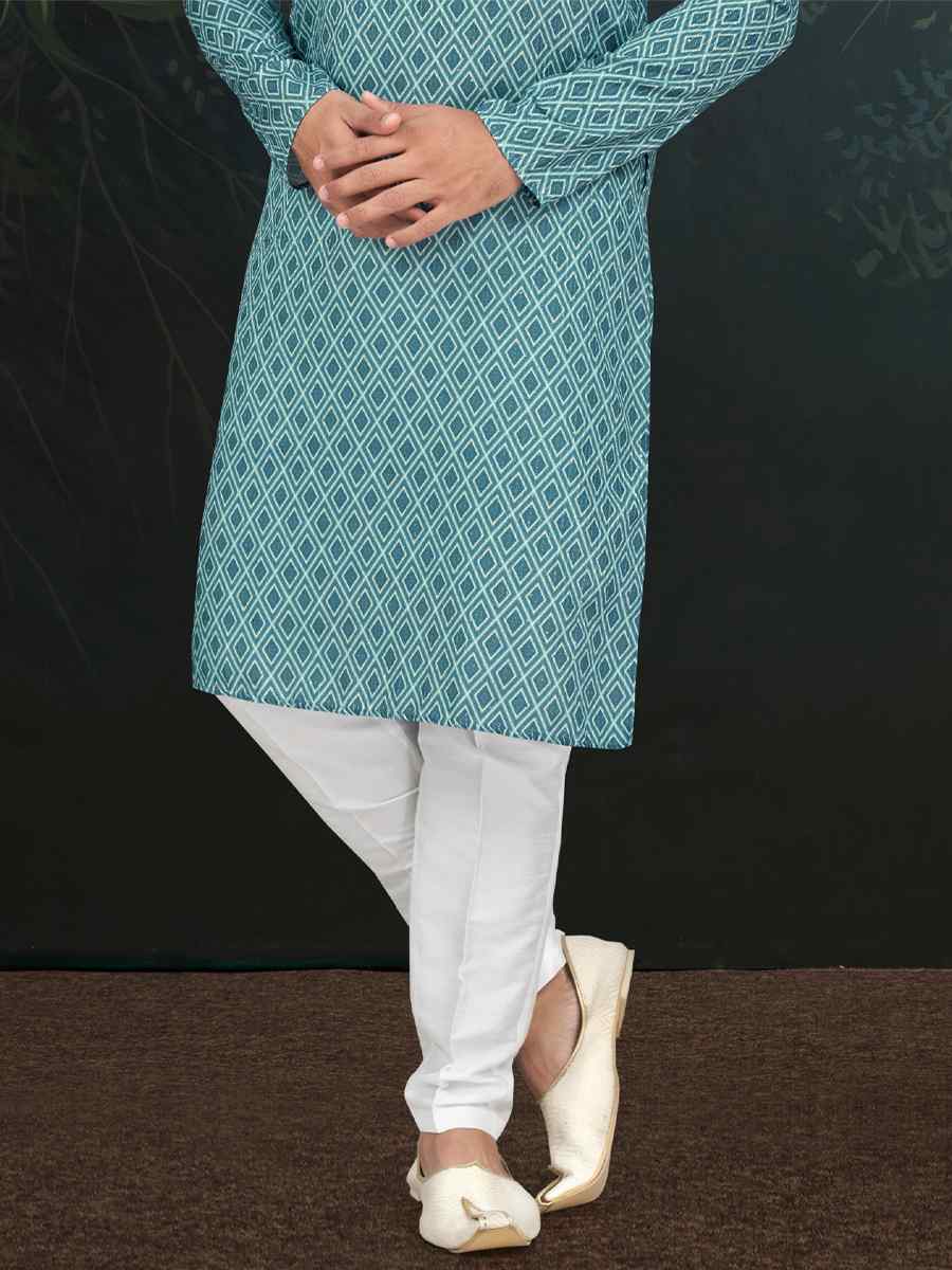 Blue Rayon Embroidered Festival Wedding Kurta
