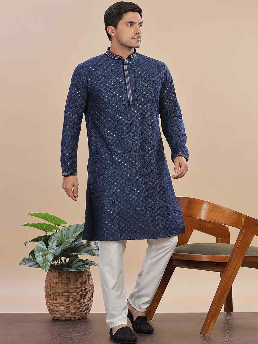 Blue Rayon Embroidered Party Wedding Kurta