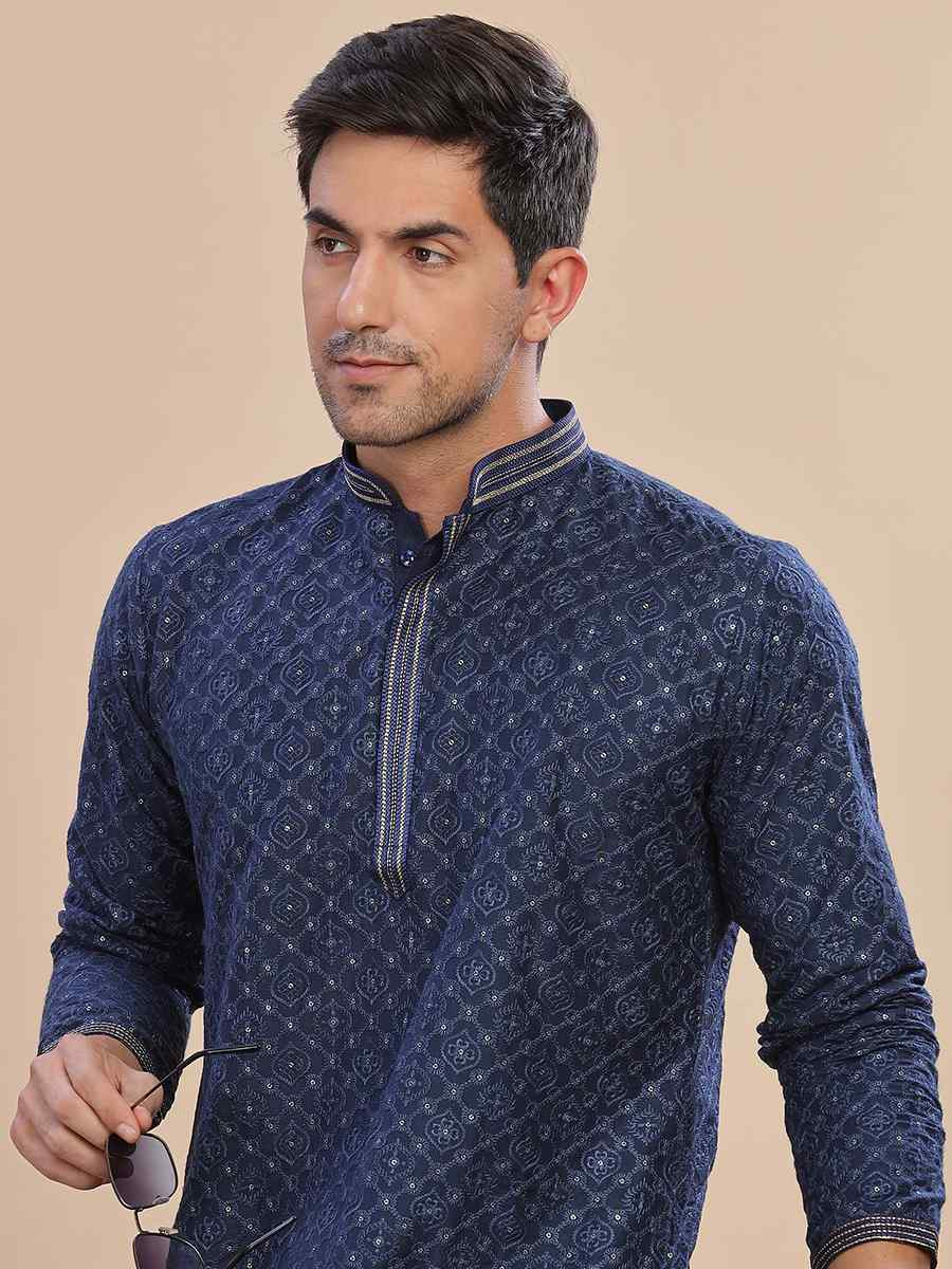 Blue Rayon Embroidered Party Wedding Kurta