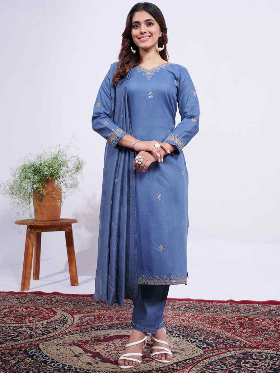 Blue Rayon Embroidered Party Wedding Ready Pant Salwar Kameez