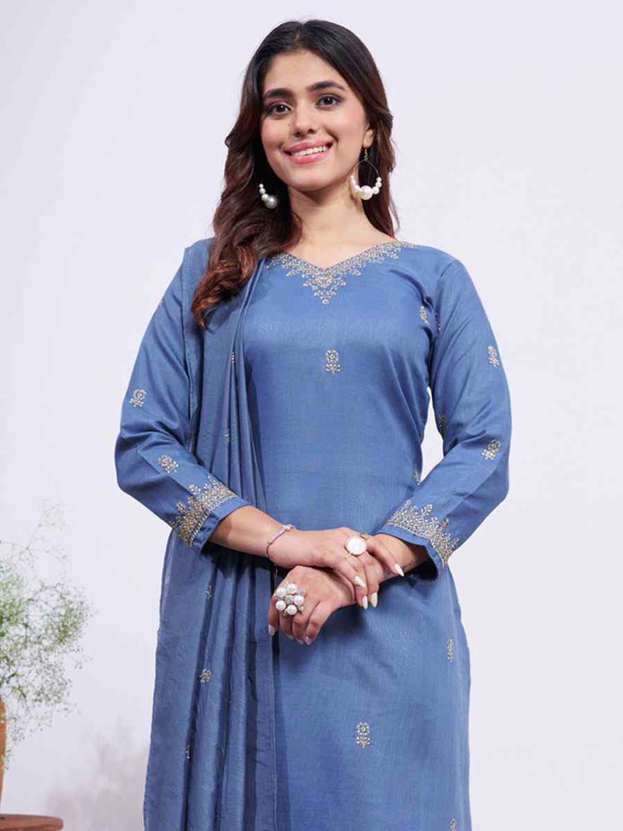 Blue Rayon Embroidered Party Wedding Ready Pant Salwar Kameez