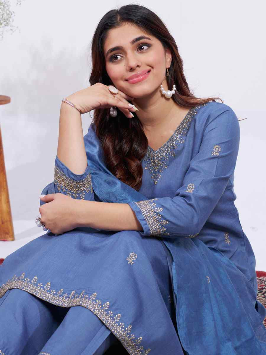 Blue Rayon Embroidered Party Wedding Ready Pant Salwar Kameez