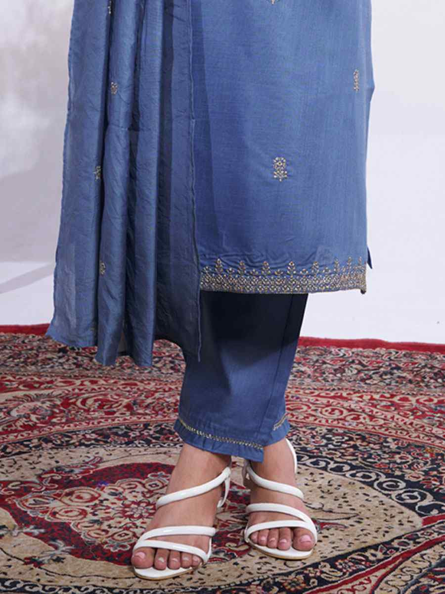 Blue Rayon Embroidered Party Wedding Ready Pant Salwar Kameez