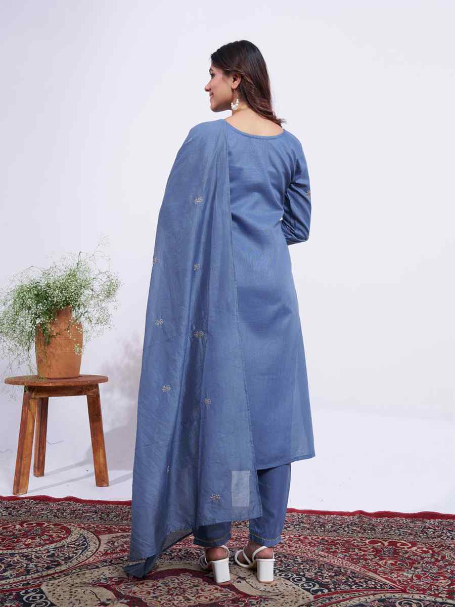 Blue Rayon Embroidered Party Wedding Ready Pant Salwar Kameez