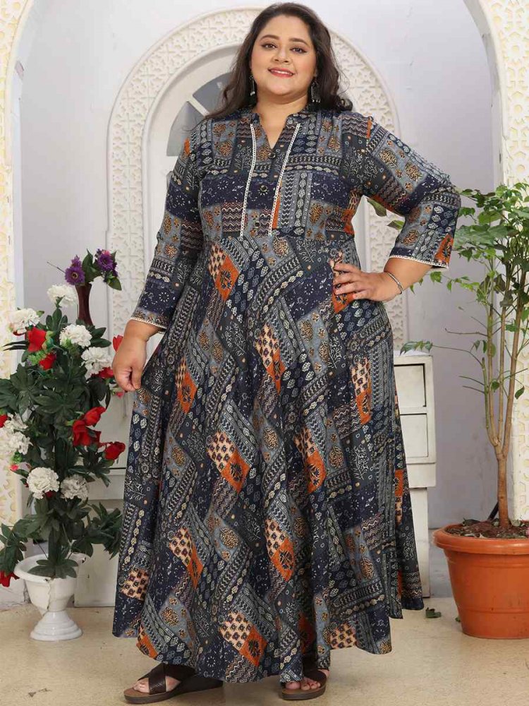 Blue Rayon Printed Festival Casual Kurti