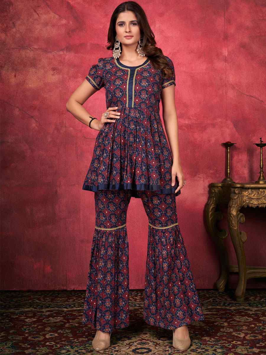 Blue Rayon Printed Festival Palazzo Pant Salwar Kameez