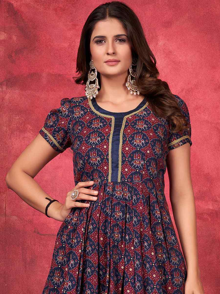Blue Rayon Printed Festival Palazzo Pant Salwar Kameez