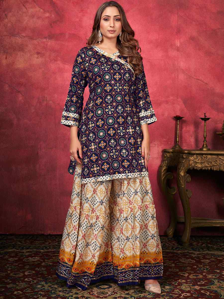 Blue Rayon Printed Festival Palazzo Pant Salwar Kameez